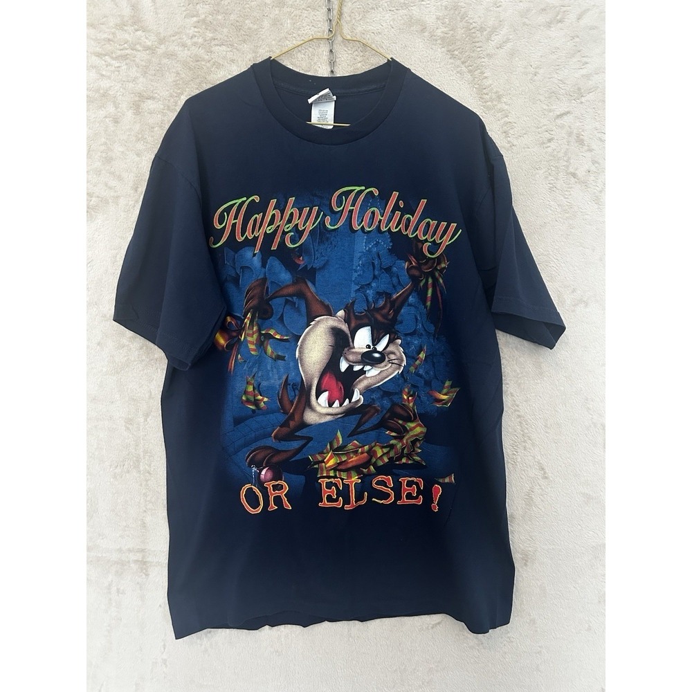 Looney Tunes Large T-Shirt Mens Navy Blue Excellent 1997 Taz Happy Holiday